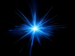 Fototapeta premium A vibrant blue light explodes from a central point, radiating outwards in a starburst pattern against a completely black background. The light is bright and intense, creating a sense of energy and po
