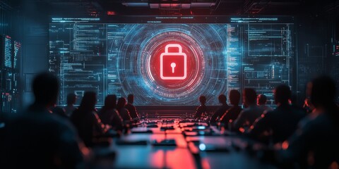 Silhouettes in Cybersecurity Training Futuristic Digital Lock on Screen in Dark Room
