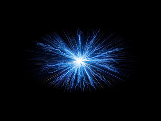 A vibrant blue energy burst explodes from a central point against a stark black background, resembling a miniature supernova or electrical discharge.  The intricate, branching patterns suggest immense