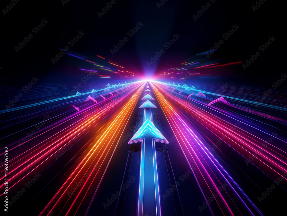 Aufkleber vibrant neon arrows streak across a dark background, symbolizing rapid upward progress and advanceme