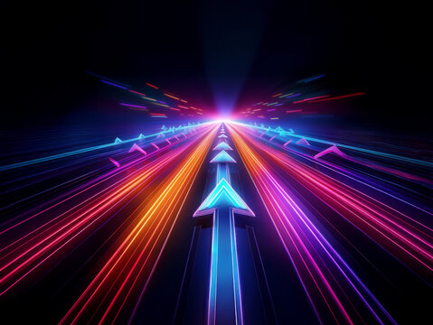 Vibrant neon arrows streak across a dark background, symbolizing rapid upward progress and advancement.  The perspective creates a sense of speed and limitless potential.