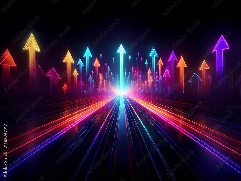 Poster vibrant, neon arrows ascend on a glowing highway, symbolizing growth, progress, and a bright future.
