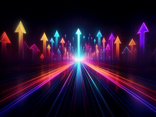 Fototapeta premium Vibrant, neon arrows ascend on a glowing highway, symbolizing growth, progress, and a bright future. The converging lines create a dynamic perspective of advancement.