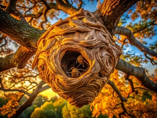 Naklejka premium Giant Hornets Nest in Old Oak Tree - Architectural Photography