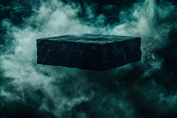 Eerie dark stone platform floats amidst teal smoke; mysterious, surreal, fantasy background. Perfect for game design, album art, or mysterious concept.