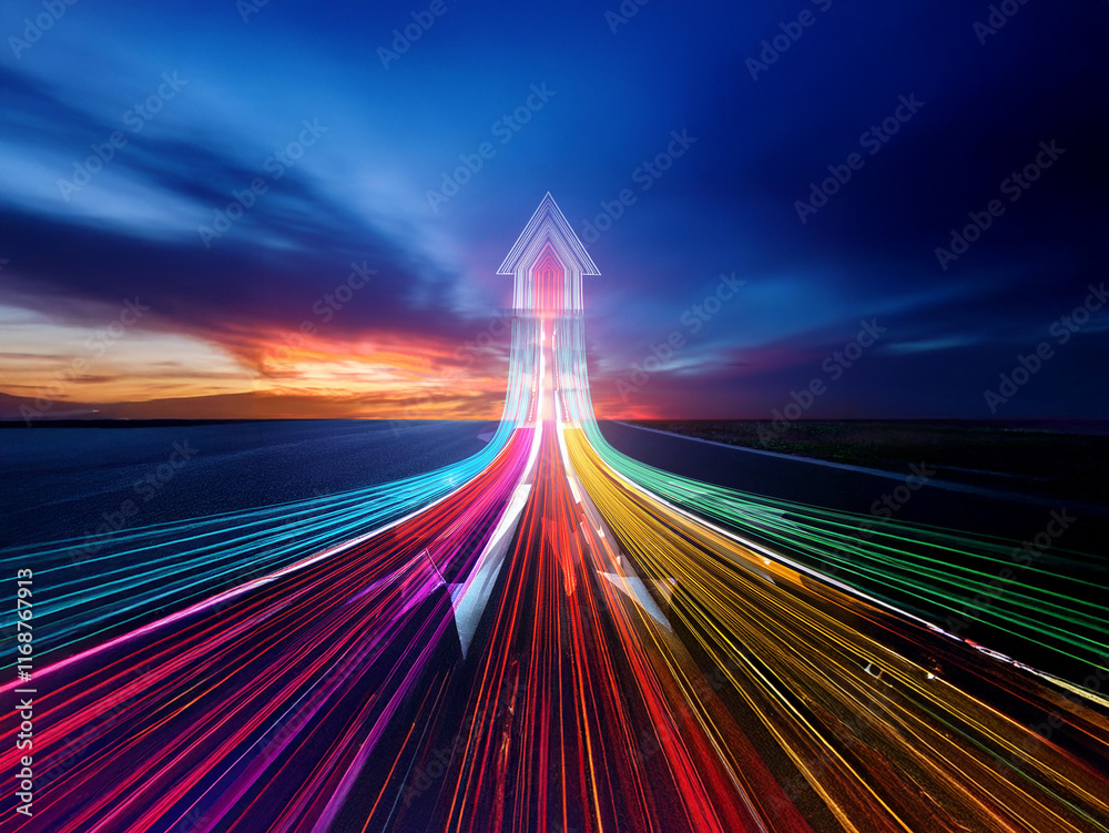 Aufkleber A vibrant, multicolored arrow ascends from a horizon,  representing growth and progress on a dynamic path.  The streaks of light symbolize speed and the journey ahead.