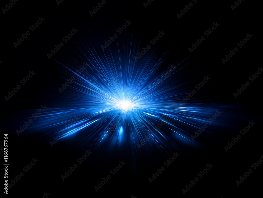 Poster a vibrant blue light explodes from a central point, radiating outwards in a starburst pattern agains