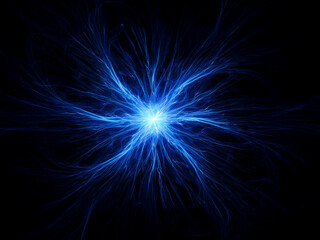 Naklejka premium Intense blue energy bursts from a central point, radiating outwards in a mesmerizing, fractal pattern against a pitch-black background. The light resembles electrical discharge or a celestial phenome