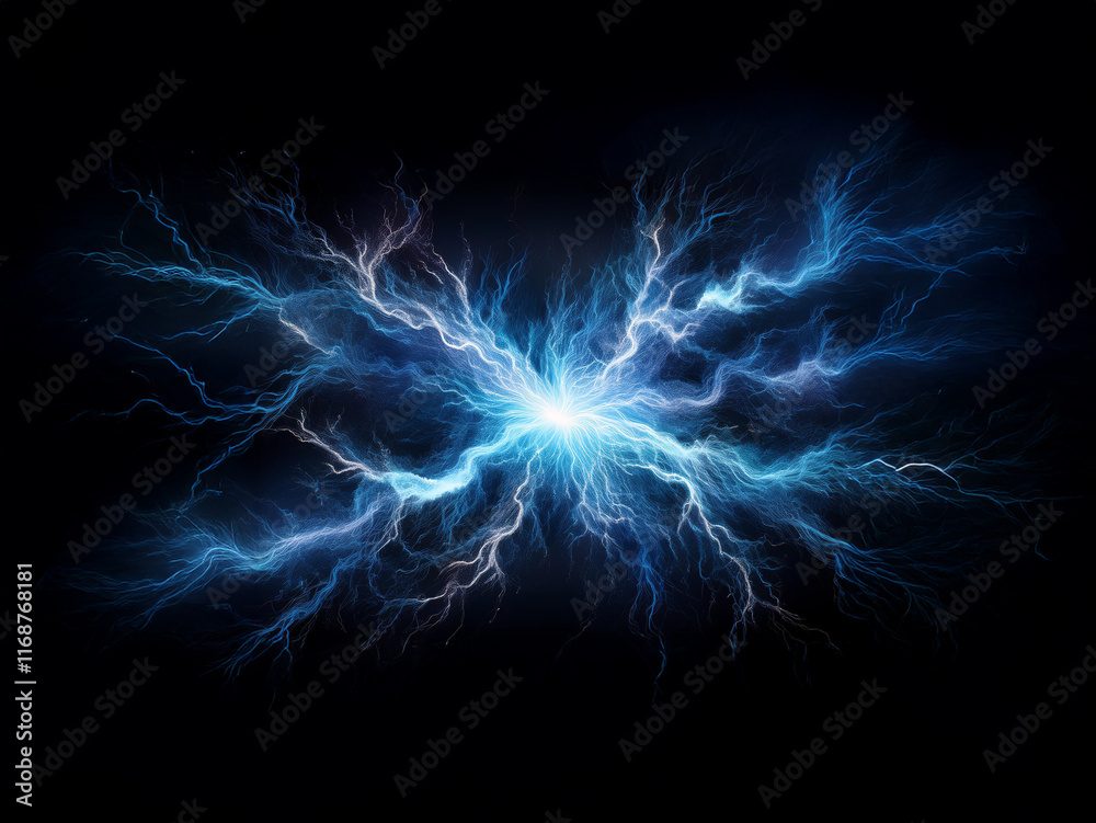 Poster A mesmerizing display of blue electric energy bursts outwards from a central point, creating a visually striking fractal pattern against a deep black background.  The energy appears powerful and dynam
