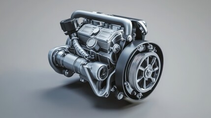 A detailed 3D rendering of a compact automotive engine showcasing intricate components.