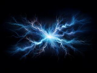 A mesmerizing display of blue electric energy bursts outwards from a central point, creating a visually striking fractal pattern against a deep black background.  The energy appears powerful and dynam