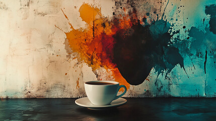 Coffee cup with abstract colorful paint splashes on a textured surface.