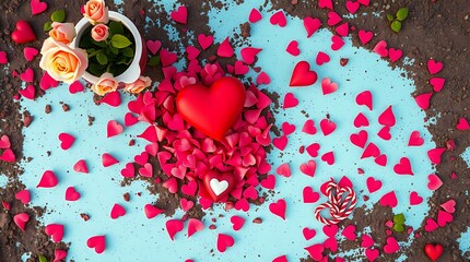 A Valentine's Day scene viewed from a bird's-eye perspective. Bright, vibrant colors, lively and energetic. Top-down view. Earth tones present but secondary to vibrancy.