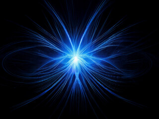 A vibrant blue energy burst, radiating outward in a symmetrical, fractal pattern against a black background.  The light resembles a glowing star or celestial event.