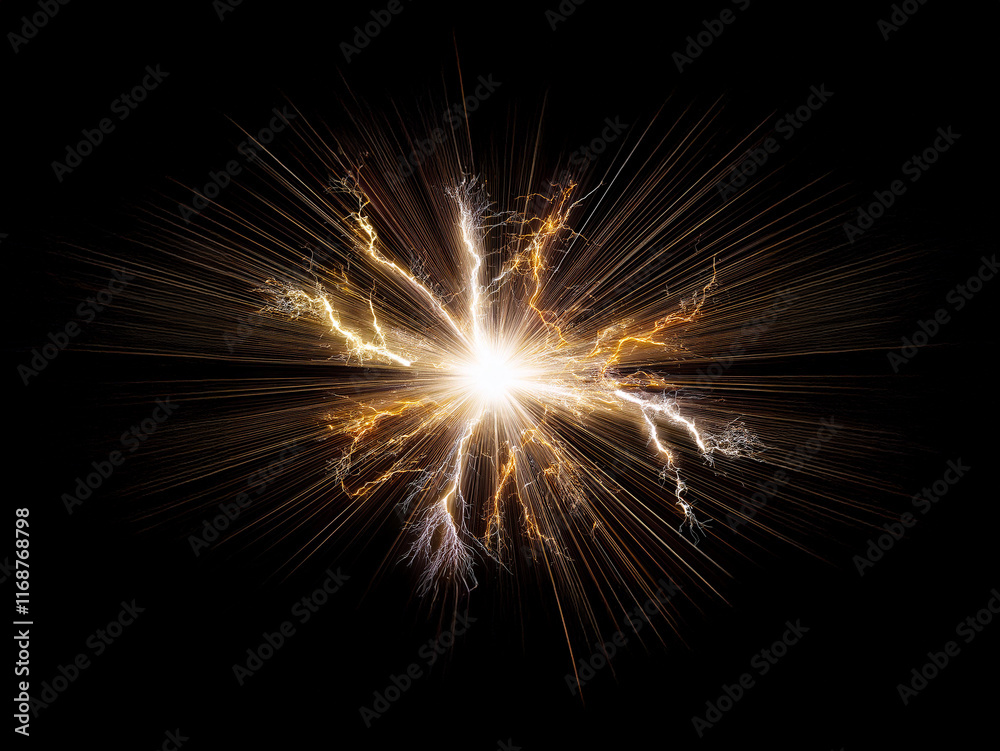 Poster A radiant burst of golden and white energy explodes against a stark black backdrop, creating a dynamic display of light and power.  Intense rays emanate outwards, suggesting immense force and rapid ex
