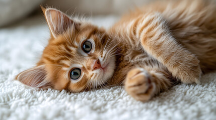 A cute orange and white kitten is laying on a white blanket. The kitten has its eyes closed and is looking at the camera