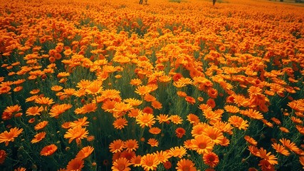 Fototapeta premium Vibrant orange flowers blooming in a sprawling field, a breathtaking natural scene of abundant flora