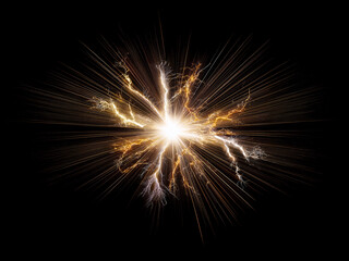 A radiant burst of golden and white energy explodes against a stark black backdrop, creating a dynamic display of light and power.  Intense rays emanate outwards, suggesting immense force and rapid ex