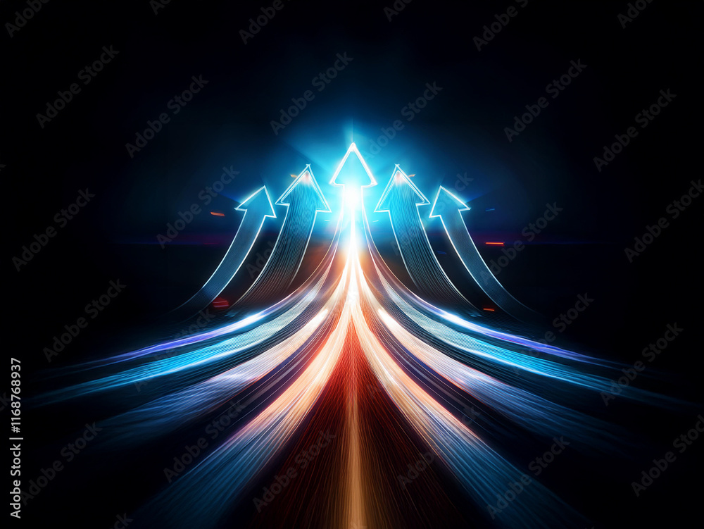 Poster glowing arrows converge on a bright light at the end of a dynamic, speeding road. this symbolizes pr