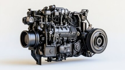 A detailed 3D rendering of an engine, showcasing its components and mechanical design.