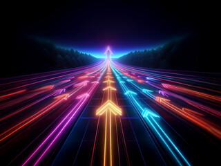 Neon arrows streak across a futuristic highway leading to a glowing horizon.  The vibrant colors and perspective create a sense of speed and progress.