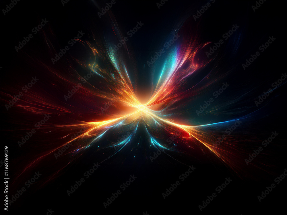 Poster intense, vibrant light streams converge at the center, resembling a luminous butterfly against a dar