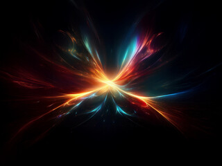 Intense, vibrant light streams converge at the center, resembling a luminous butterfly against a dark void.  The colors are fiery and ethereal.