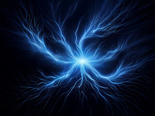 Fototapeta premium Intricate blue energy bursts from a central point, radiating outward like lightning branches against a dark background. The glowing fractal pattern creates a mesmerizing visual effect.