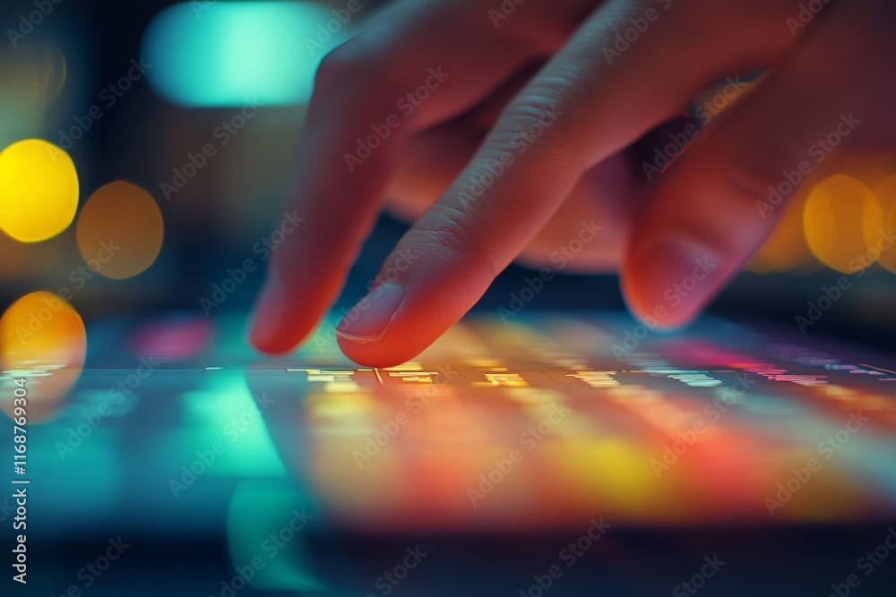 Aufkleber Close-up of a Finger Tapping a Digital Form on a Tablet Display in Soft Pastel Lighting
