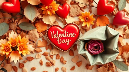 A lively Valentine's Day scene viewed from a high-angle perspective showcasing vibrant earth tones browns, beiges, and muted colors. The image uses a top-down perspective, emphasizing a bright 
