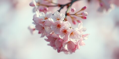 Obraz premium Delicate Pink Blossoms on a Branch, Softly Illuminated by Sunlight, a Symbol of Springtime Renewal