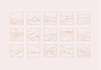 Mountain silhouettes icon set drawing in linear art style on beige background