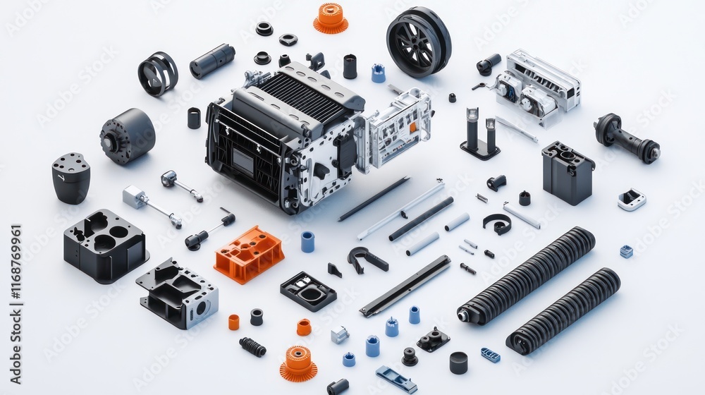 Poster a detailed arrangement of various mechanical components for engineering or assembly purposes.
