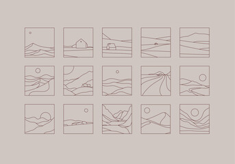 Mountain silhouettes icon set drawing in linear art style on brown background