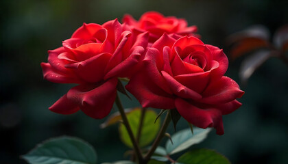 Red roses with blurred background, close-up view of the red rose flowers, Moody flowers, Floral frame, vibrant petals and natural beauty, red roses bouquet, created with generative ai