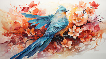 Fototapeta premium bright bird on a flowering tree branch, watercolor, 