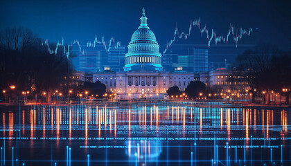 capitol with double exposure of financial stock market charts - blue