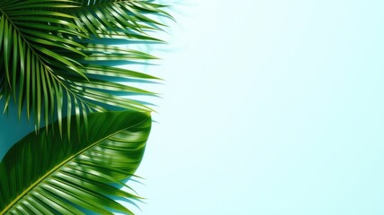 Naklejka premium Lush tropical foliage arranged against a light blue backdrop, providing a vibrant and refreshing visual for design projects or presentations.