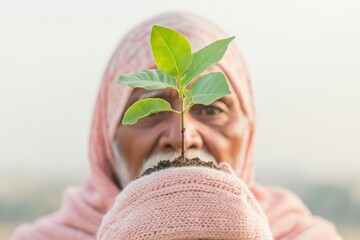 Elderly Man Caring for Sapling in Winter Sunlight - Environmental Responsibility and Community Effort
