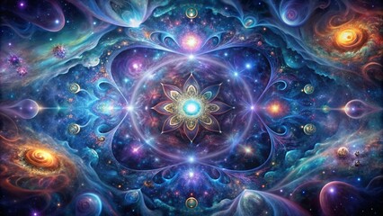 Obraz premium Magnificent cosmic mandala amidst swirling galaxies and vibrant colors, mystical atmosphere, copy space