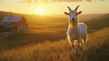 Obraz premium Idyllic farm scene with white goat in sunlit field during golden hour