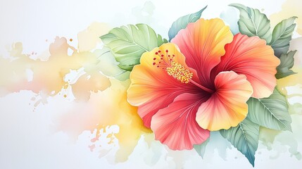 A lush watercolor hibiscus flower with blending shades of red and yellow, paired with green leaves for a bright tropical design.