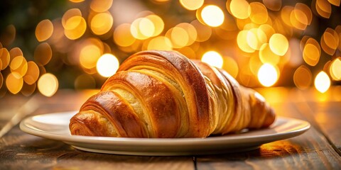 Golden Buttery Croissant on Plate with Soft Bokeh Background - Delicious Pastry Breakfast
