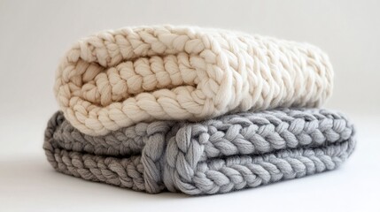 Soft knit throw blanket in muted tones, isolated on white for cozy, comfortable settings