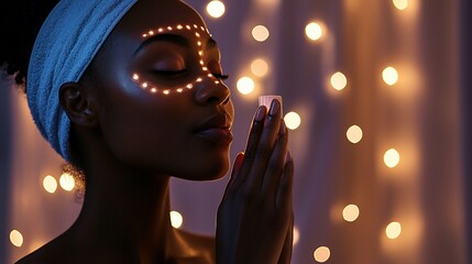 Serene woman with glowing face paint and soft light.