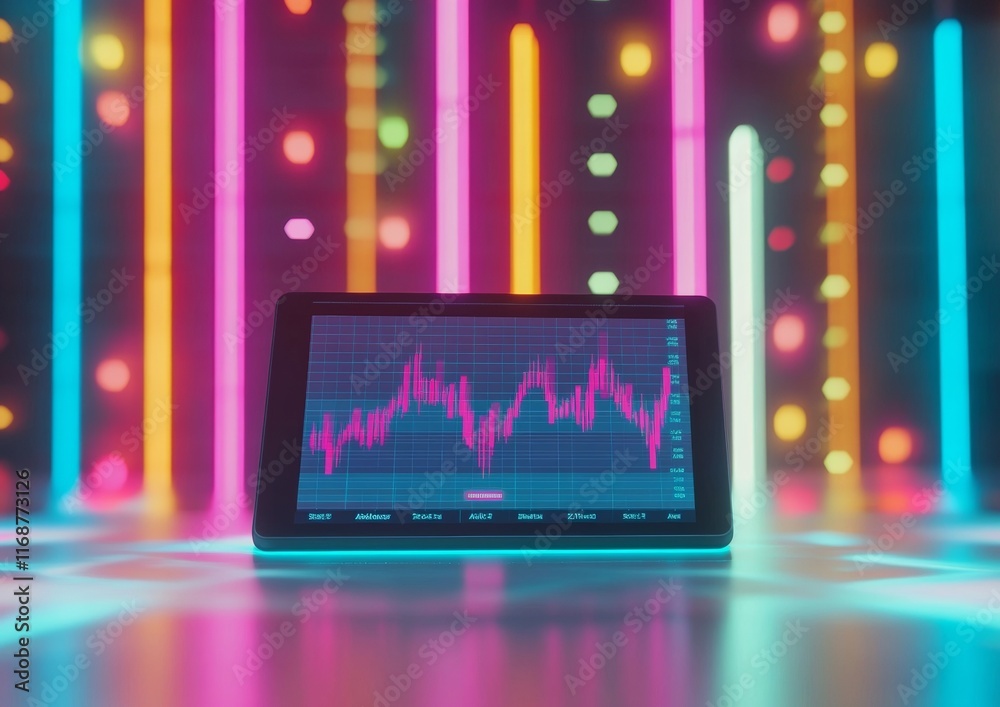 Poster vibrant financial data display abstract tablet with stock market charts and colorful neon lights