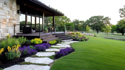 Obraz premium Beautiful landscaped garden with a modern home and vibrant flowers.