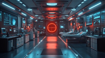 Futuristic science lab interior. High-tech facility, screens, beds, red and blue lighting. Research, innovation, advanced.