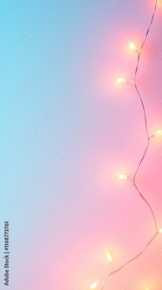 Poster glowing festive string lights on pastel gradient background