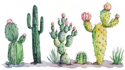 Vector illustration. Set of watercolor green various cacti isolated on white background. Desert flower, garden plants, tropical summer elements.